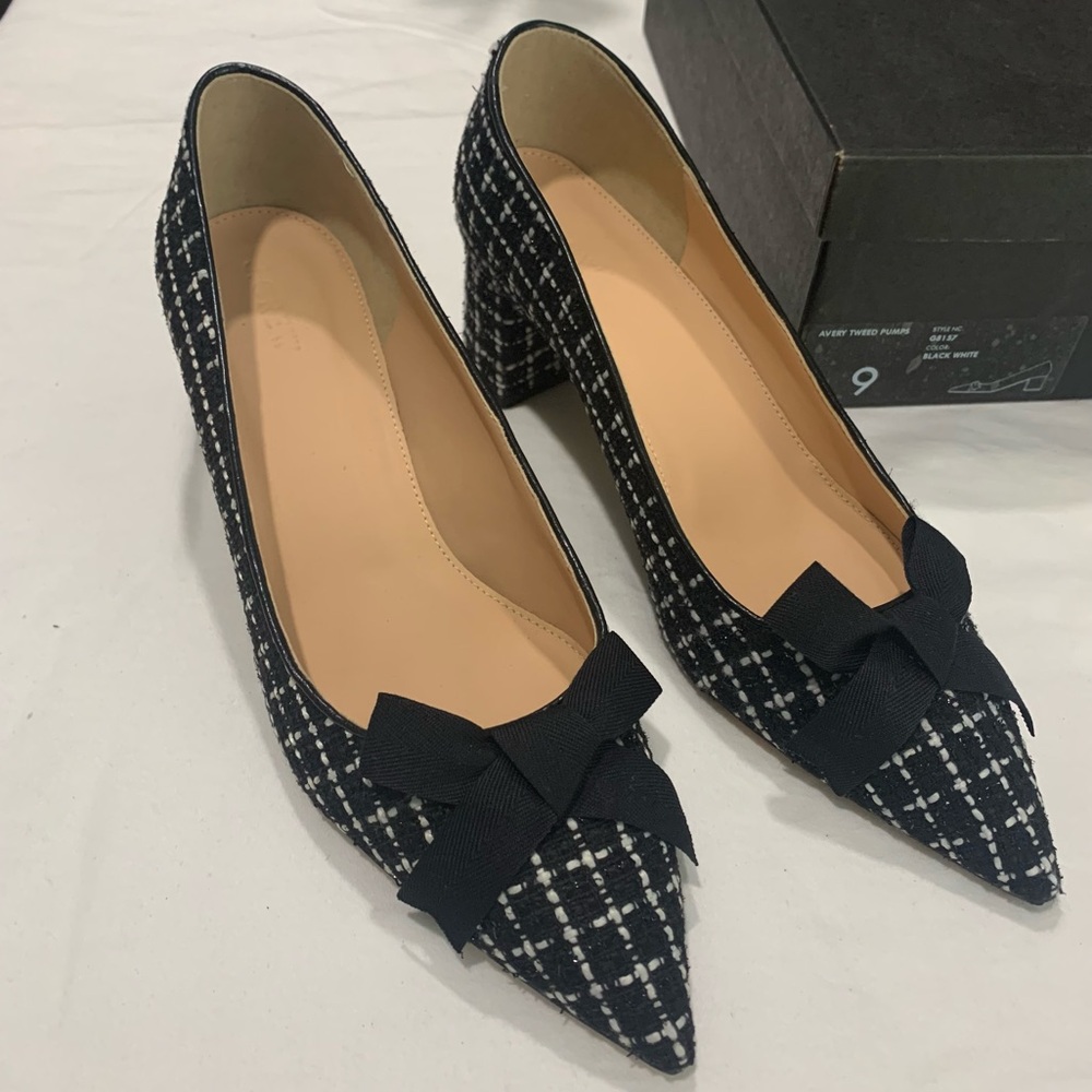 J. Crew Avery Black and White Tweed Pointed Toe Pumps with Bow Size 9